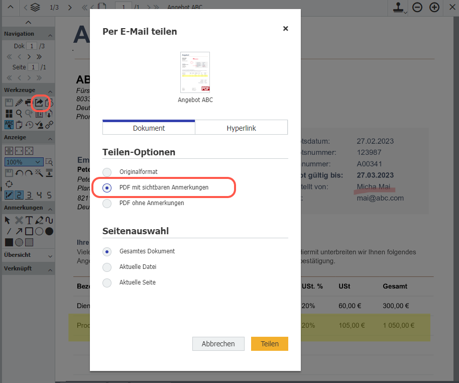 Senden mit sichtbaren Anmerkungen